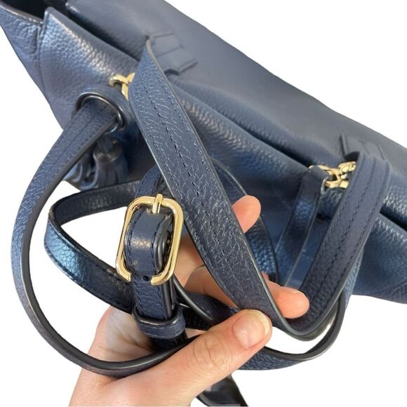 Tory Burch Thea Navy Leather Tote Satchel Purse Women’s Luxury Bag - Picture 12 of 15